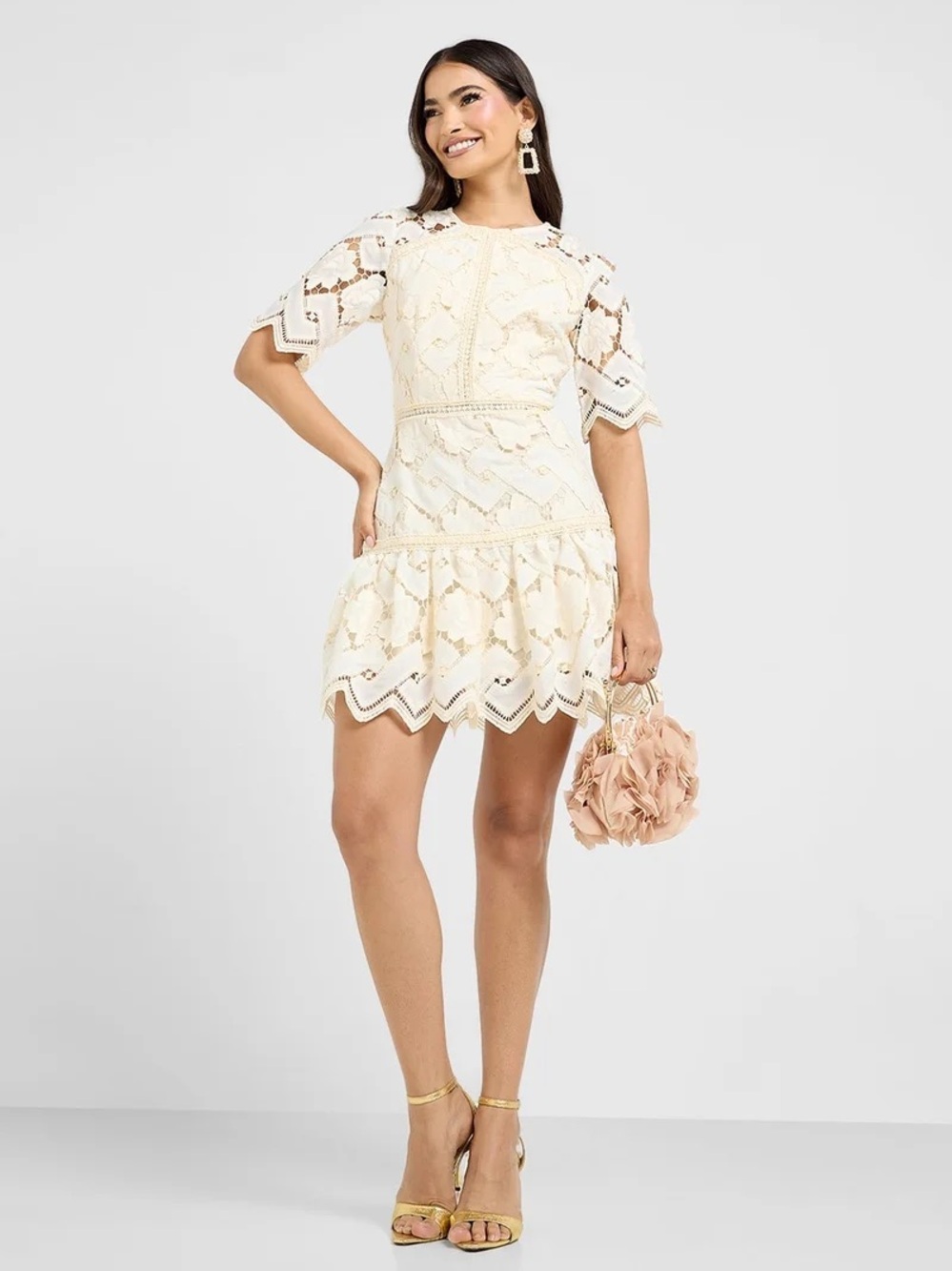 Just Me Ivory Floral Lace Drop-Waist Mini Dress – Size M NWOT